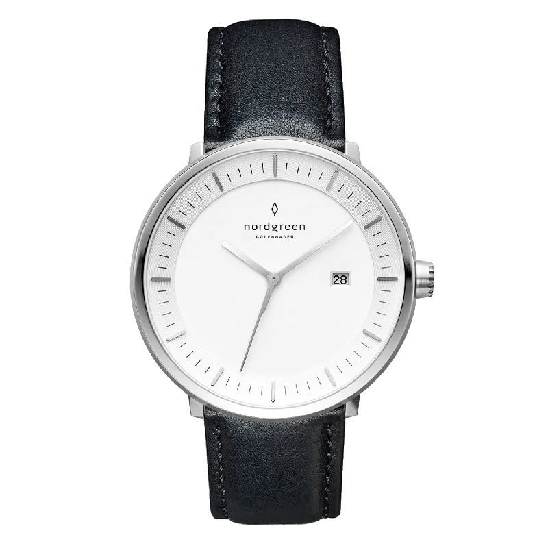 Unisex Autumn Style Watches-Nordgreen Philosopher Black Leather 36mm Silver Case Watch Unisex Autumn Style Watches-Nordgreen Philosopher Black Leather 36mm Silver Case Watch
