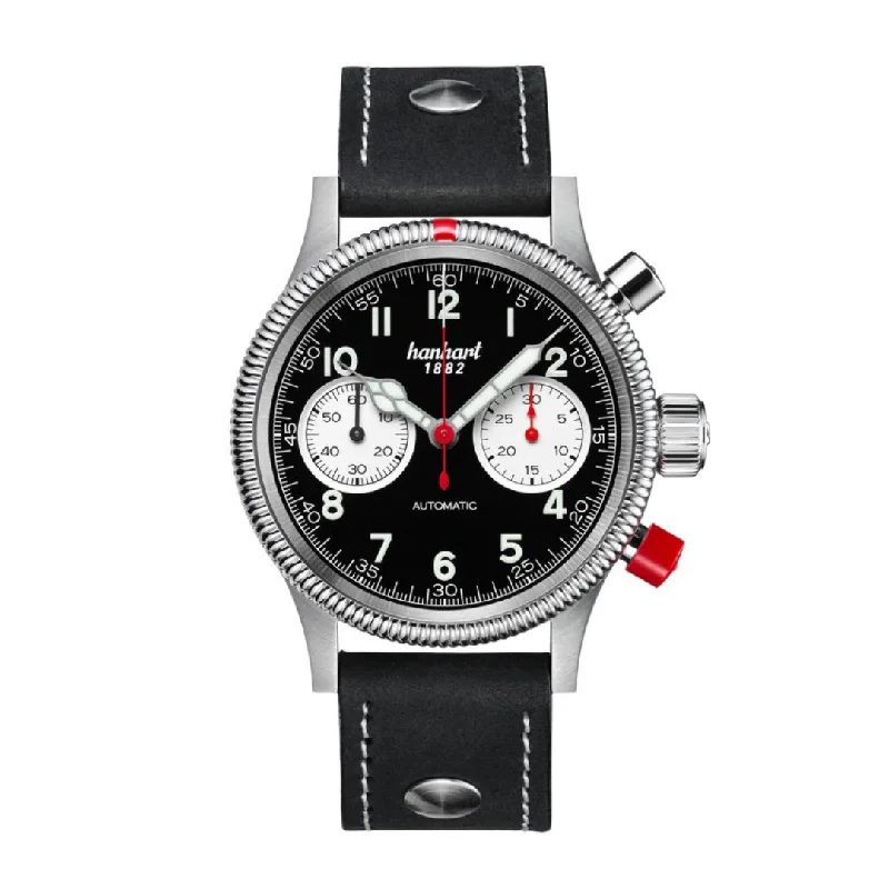 men's mechanical watches with day display -HANHART PIONEER MK II REVERSE PANDA 716.211-0010 CALFSKIN LEATHER MEN WATCH