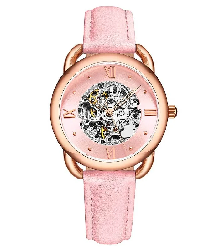 Pink Dial / Rose Case / Pink Leather Strap Rose Gold Layered Tang Buckle