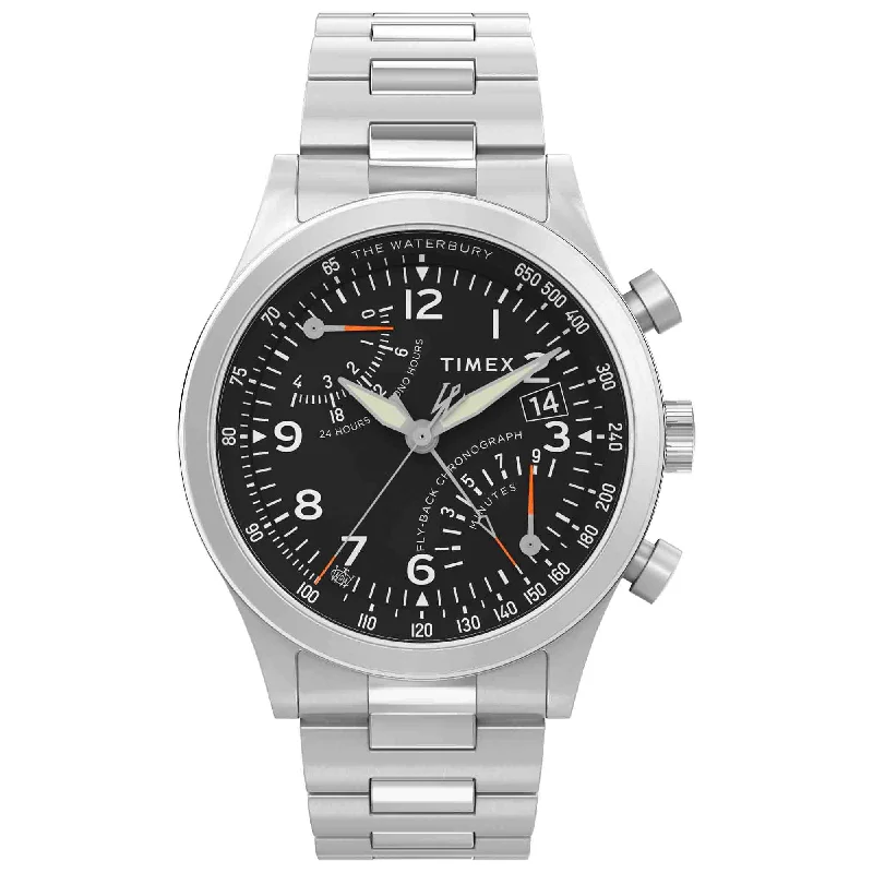 men's pilot watches with timer style design -Timex Waterbury Traditional Fly Back Chrono 43mm Black SS