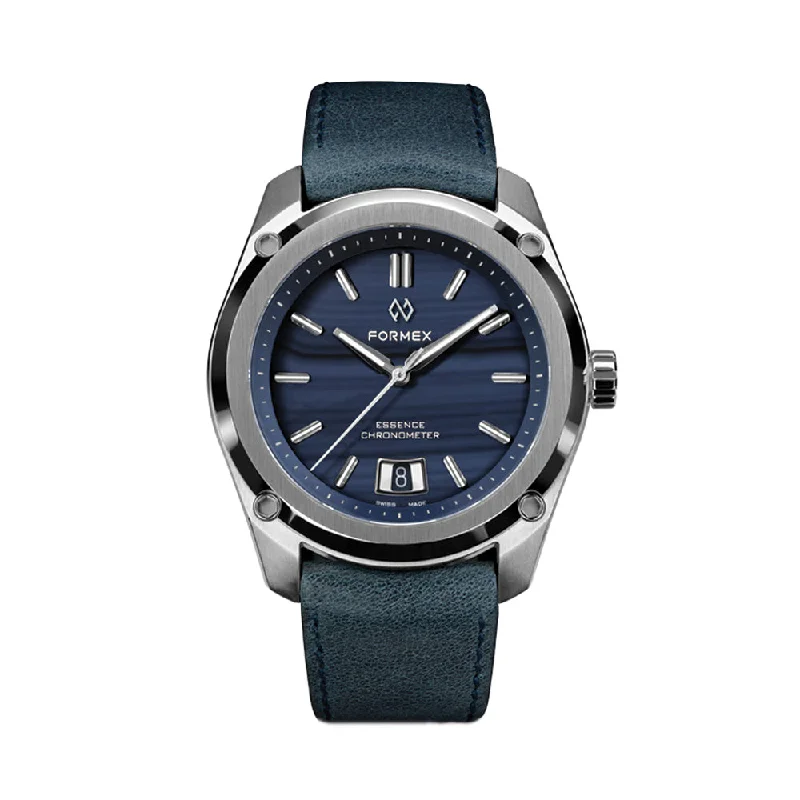 men's titanium field watches -Essence Chronometer "Blue Agate" 39mm - Blue on Blue Leather Strap