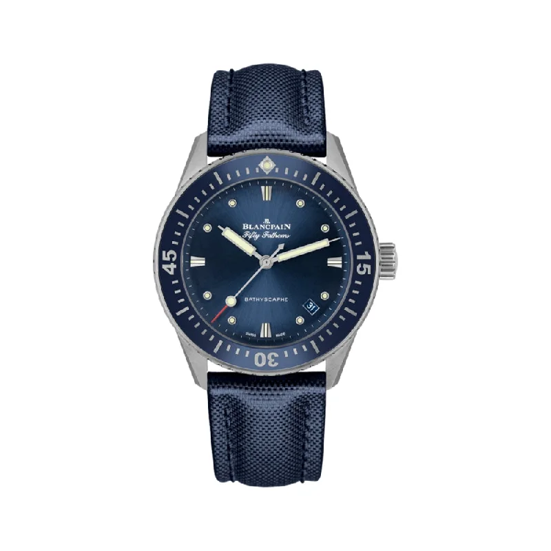 men's field watches with phosphorescent style design -Fifty Fathoms Bathyscaphe SS 38mm - Blue Bezel w/ Blue Dial on Sail-canvas Strap men's field watches with phosphorescent style design -Fifty Fathoms Bathyscaphe SS 38mm - Blue Bezel w/ Blue Dial on Sail-canvas Strap