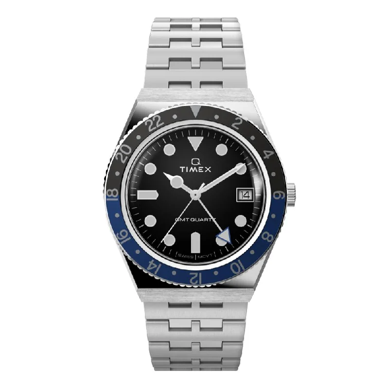 men's GMT watches with Japanese SuperLuminova design -Timex Q GMT 38mm Black Dial