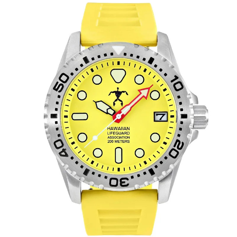 best men's skeletonized watches under $500 -Hawaiian Lifeguard Association Yellow