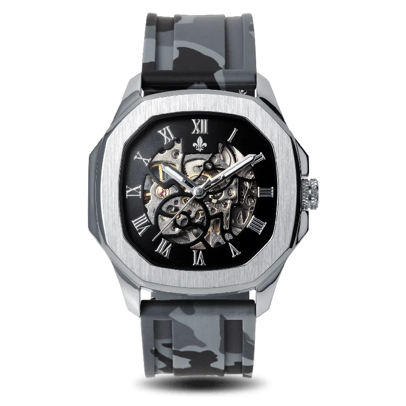 men's mechanical watches for kayaking -The Avalon Silver + Grey Camo Strap