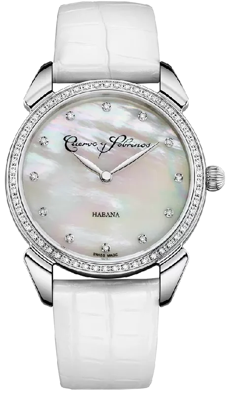 women's mechanical watches with glow-in-the-dark display function -Cuervo y Sobrinos Watch Historiador Primera Dama Diamond White