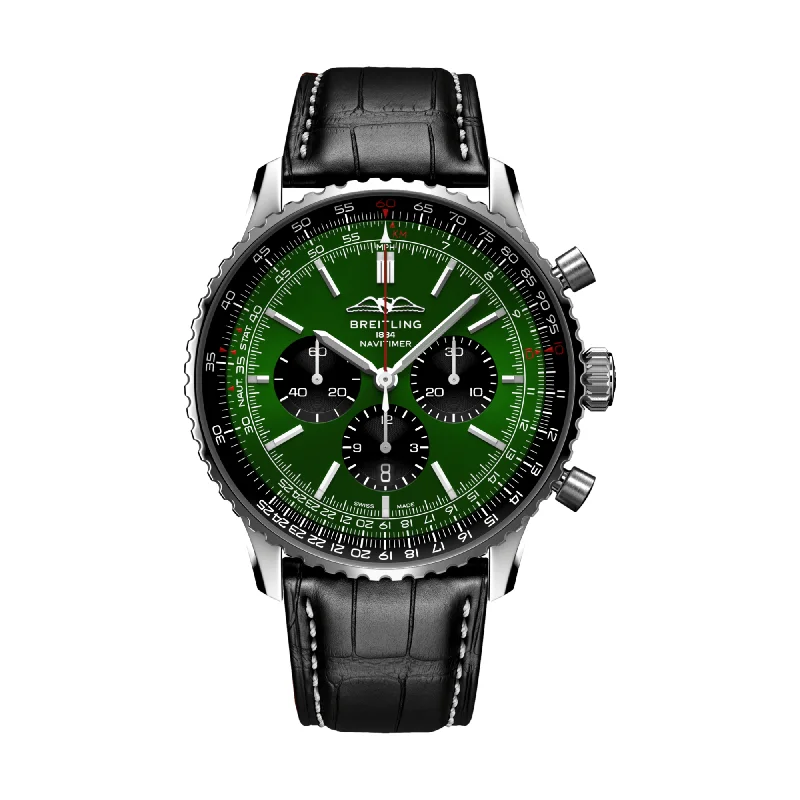 men's digital watches with Swiss SuperLuminova display function -Navitimer B01 Chronograph 46mm Stainless Steel - Green