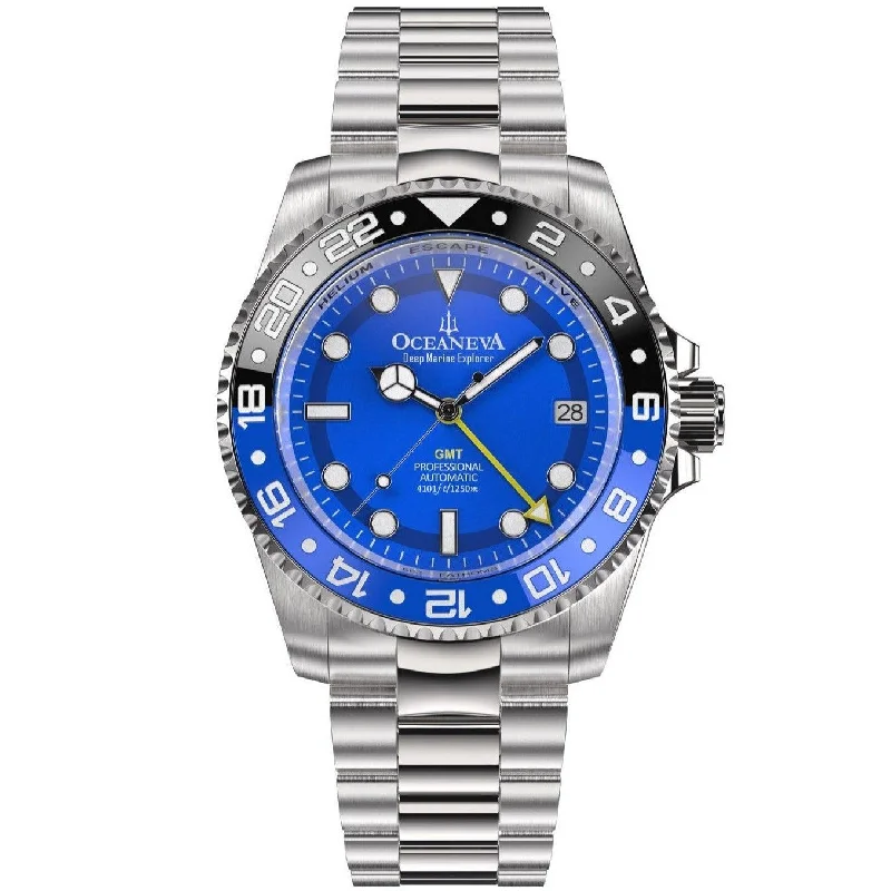 men's skeletonized watches with silver bracelet -Oceaneva Deep Marine Explorer GMT Automatic 1250M Pro Diver Blue
