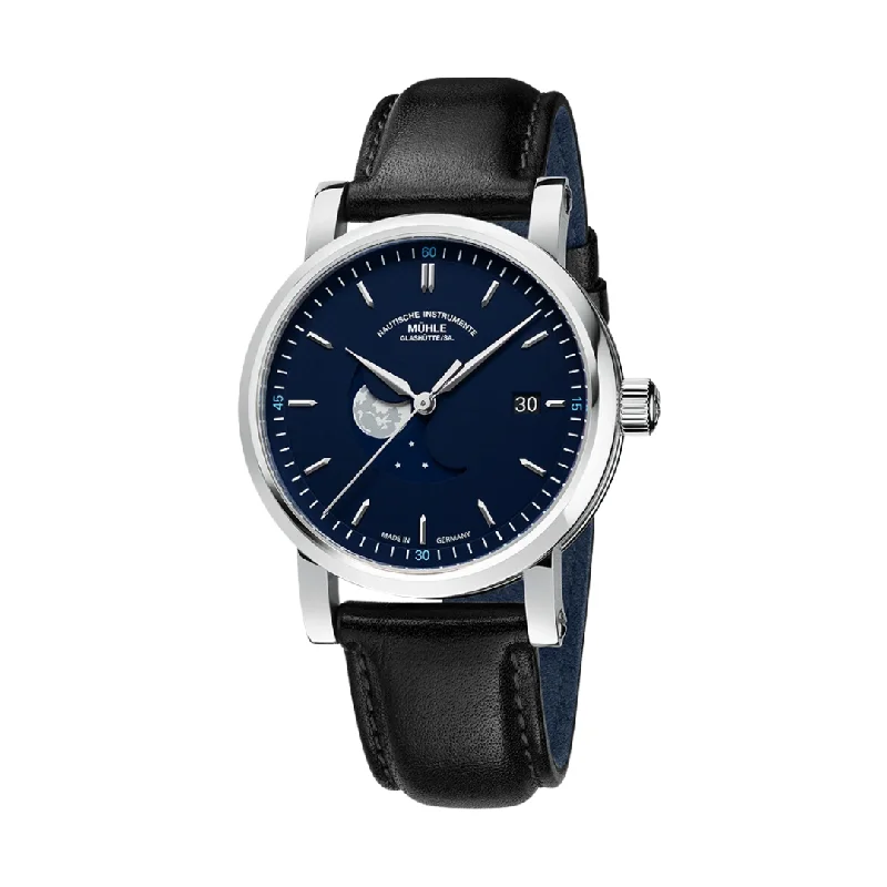 men's mechanical watches with mechanical display -MÜHLE-GLASHÜTTE TEUTONIA IV BLUEMOON M1-44-62-LB AUTOMATIC BLACK PREMIUM-LEATHER STRAP MEN WATCH