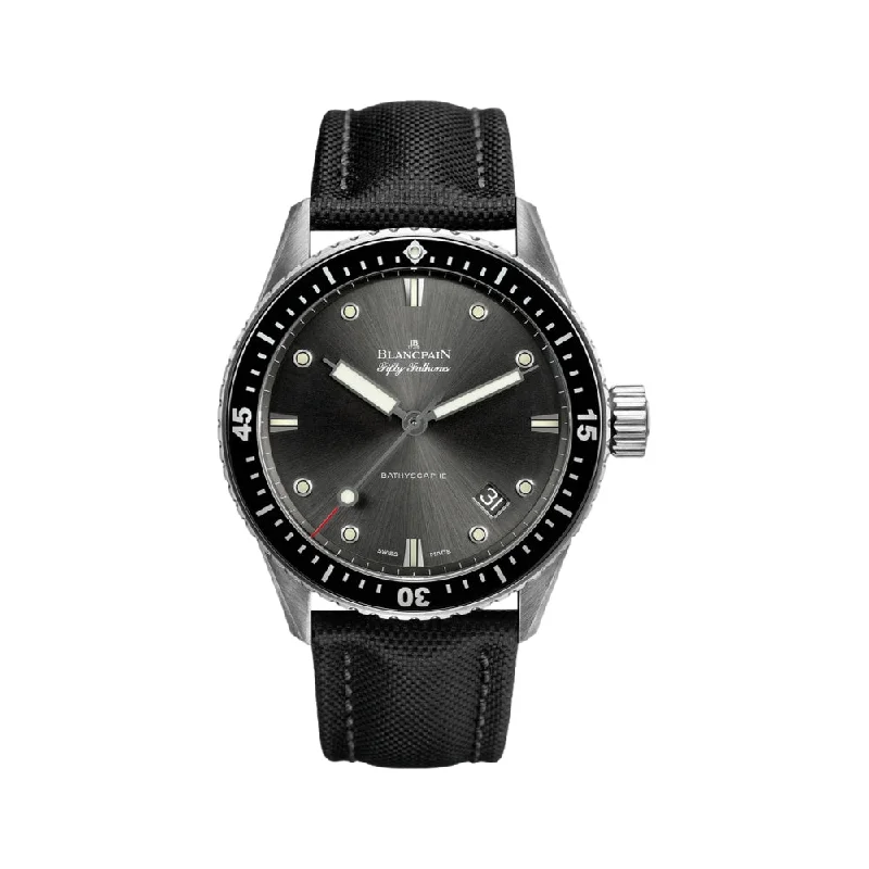 men's GMT watches with spring drive style design -Fifty Fathoms Bathyscaphe SS 43mm - Black Bezel w/ Grey Dial on Sail-canvas Strap men's GMT watches with spring drive style design -Fifty Fathoms Bathyscaphe SS 43mm - Black Bezel w/ Grey Dial on Sail-canvas Strap