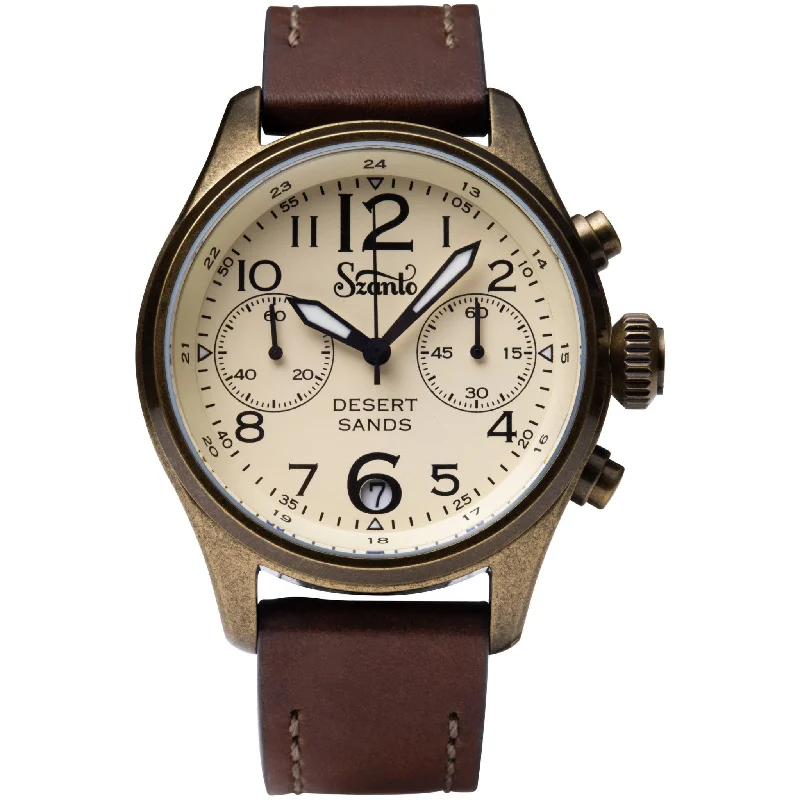 men's pilot watches with Japanese SuperLuminova design -Szanto Desert Sands Antique Gold Ivory Brown