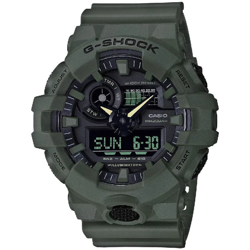 men's skeletonized watches with clear back -G-Shock GA700 Ana-Digi Green
