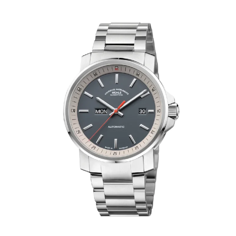 men's mechanical watches with stopwatch display -MÜHLE-GLASHÜTTE 29ER DAY/DATE M1-25-34-MB AUTOMATIC METAL STRAP MEN WATCH