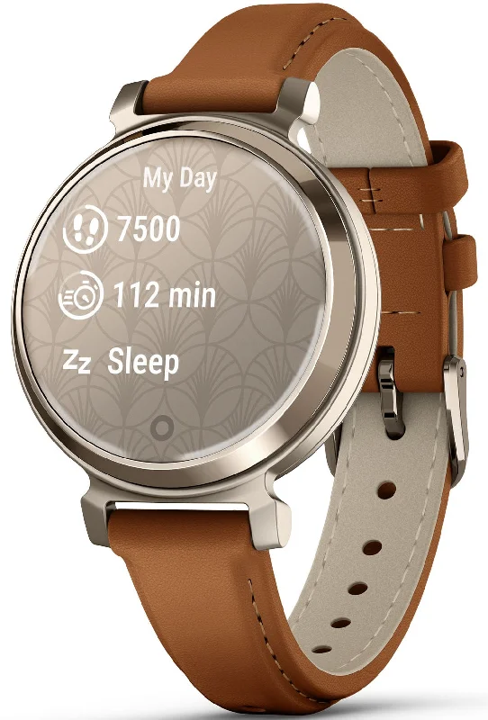 Ladies Smart Watch Bands-Garmin Lily 2 Classic Cream Gold & Tan Leather