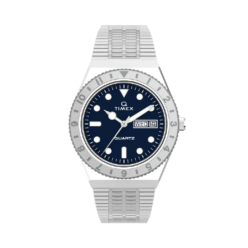 men's chronograph watches with hand-wound design -Q Timex Quartz 36mm - Blue on Bracelet men's chronograph watches with hand-wound design -Q Timex Quartz 36mm - Blue on Bracelet