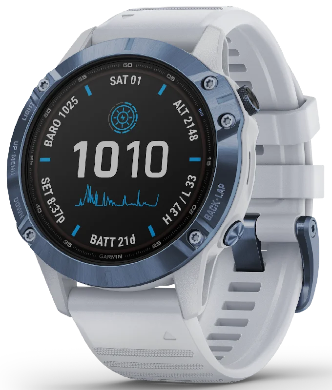 Smart Watches for Mens Manual-Garmin Watch Fenix 6 Pro Solar Mineral Blue With Whitestone Band D