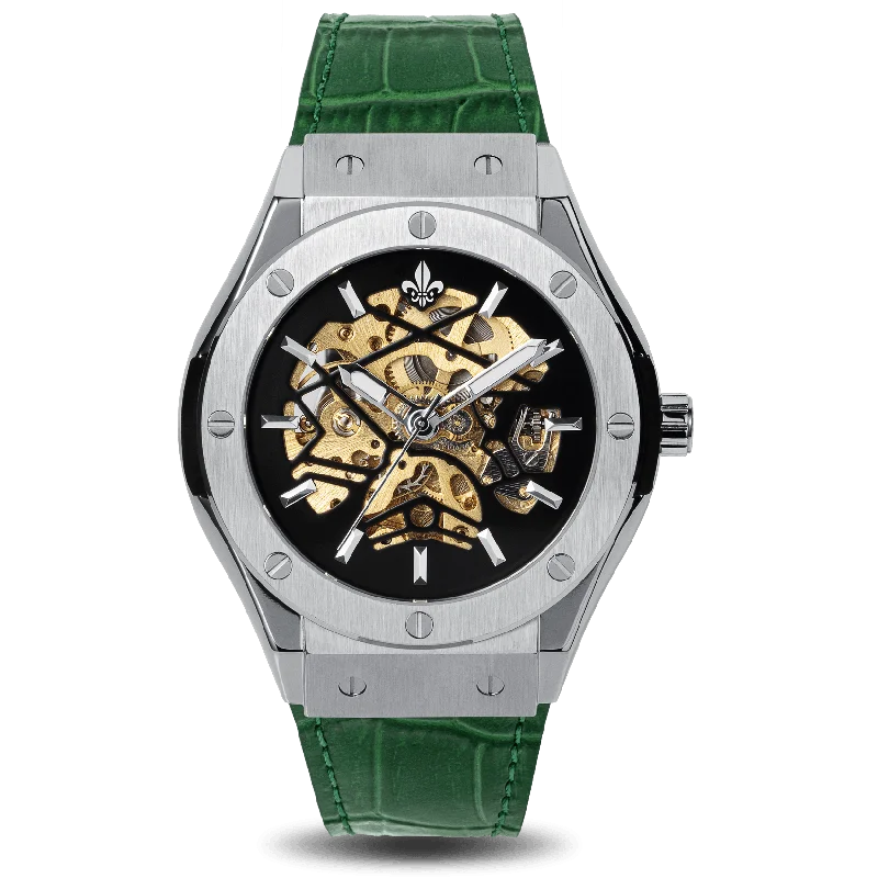 men's mechanical watches with dual time zone design -Prague Skeleton Automatic Deluxe - Silver + Green Leather Strap men's mechanical watches with dual time zone design -Prague Skeleton Automatic Deluxe - Silver + Green Leather Strap