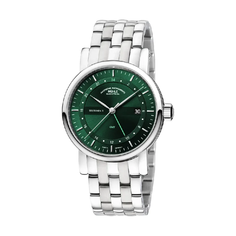 men's GMT watches with SuperLuminova style design -Teutonia II GMT Green Dial 41mm on Stainless Steel Bracelet