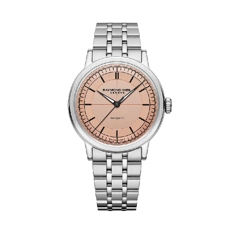 men's chronograph watches with day-night design -Millesime Men's Automatic Sector Dial 39.5mm - Salmon on Bracelet men's chronograph watches with day-night design -Millesime Men's Automatic Sector Dial 39.5mm - Salmon on Bracelet