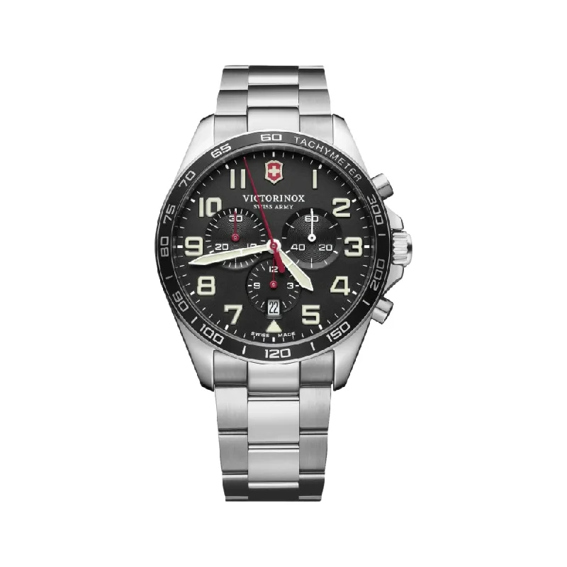 men's pilot watches with timer style design -FieldForce Chrono 42mm with Black Dial and Stainless Steel Bracelet men's pilot watches with timer style design -FieldForce Chrono 42mm with Black Dial and Stainless Steel Bracelet
