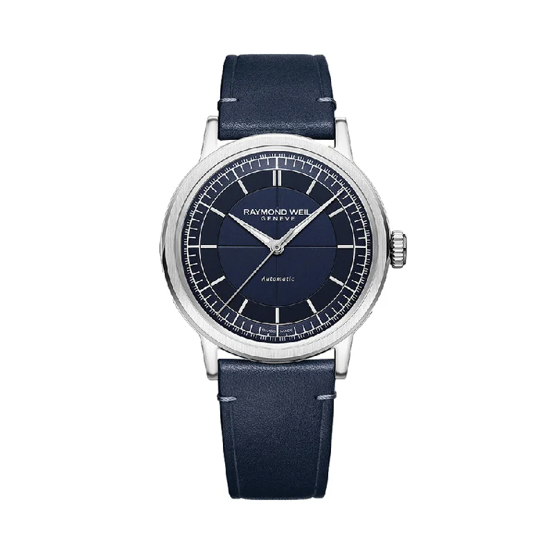 men's pilot watches for casual wear -Millesime Men's Automatic Sector Dial 39.5mm - Blue on Leather Strap