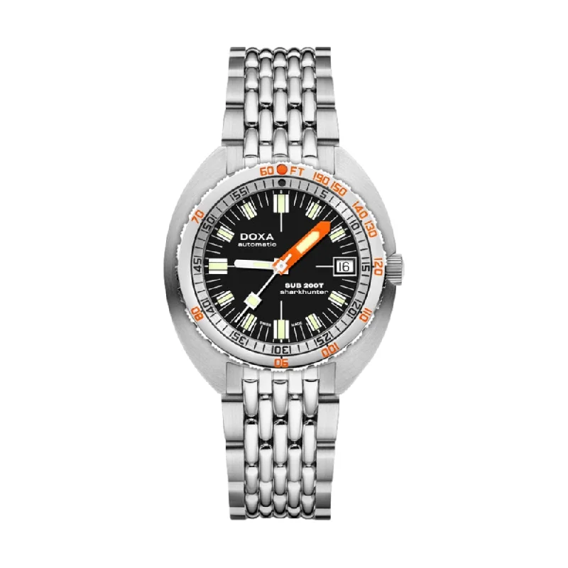 men's pilot watches with leather style straps -Sub 200T Sharkhunter Black Dial on Bracelet, 39mm