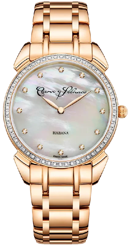 women's mechanical watches with quartz display function -Cuervo y Sobrinos Watch Historiador Primera Dama Gold PVD Diamond White Bracelet