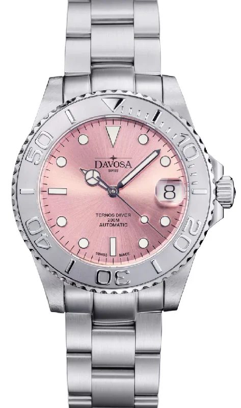 women's mechanical watches with Swiss SuperLuminova display function -Davosa Ternos Medium California Automatic Pink Ladies