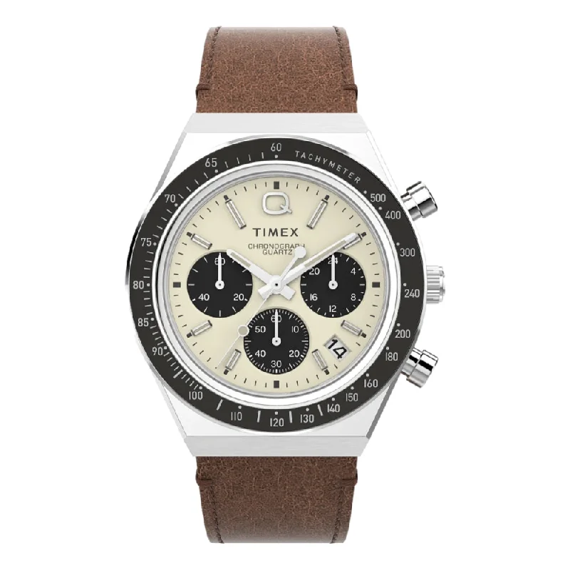 men's chronograph watches with BGW9 SuperLuminova design -Q Timex Chronograph 40mm Leather Strap Watch Cream Dial men's chronograph watches with BGW9 SuperLuminova design -Q Timex Chronograph 40mm Leather Strap Watch Cream Dial