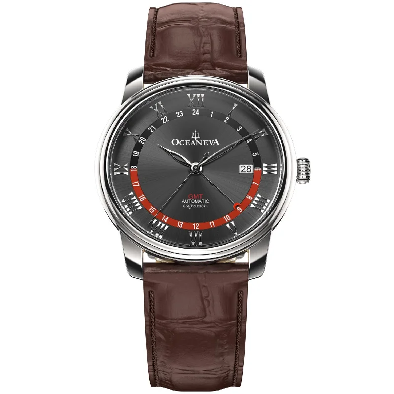 men's skeletonized watches with brown leather band -Oceaneva OceanTrek GMT 200m Automatic Black Brown men's skeletonized watches with brown leather band -Oceaneva OceanTrek GMT 200m Automatic Black Brown