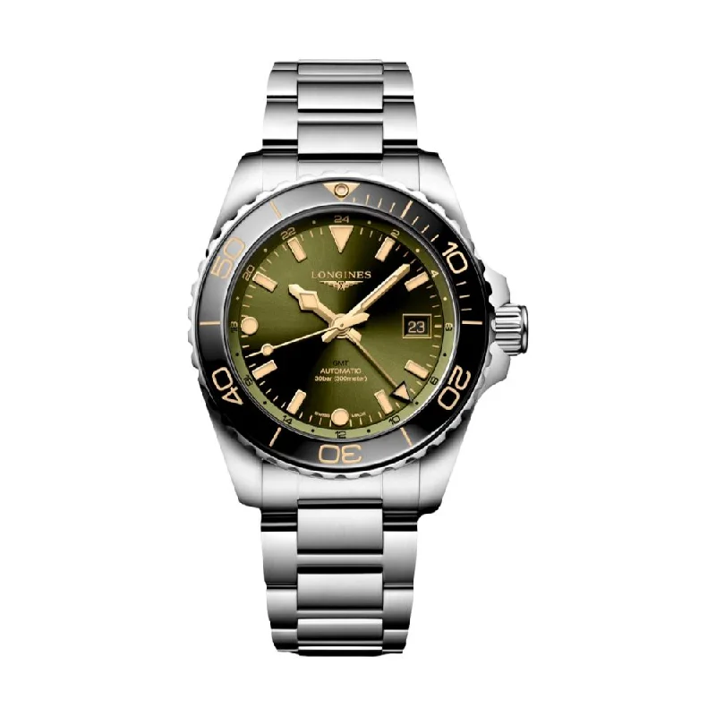 men's date display dive watches -HydroConquest GMT Green Dial 41mm on Bracelet