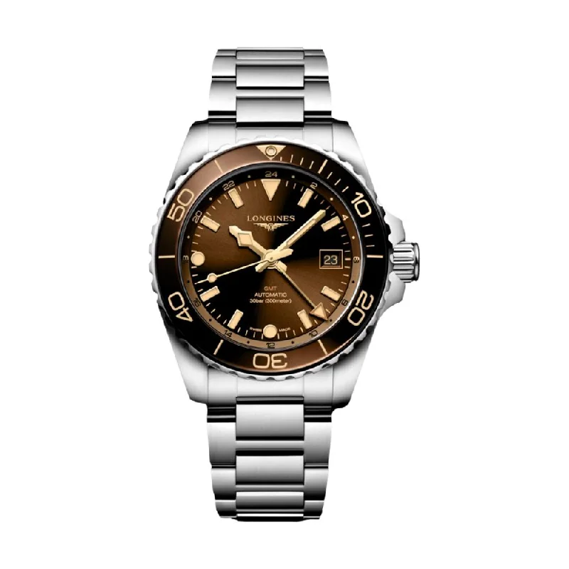 men's pilot watches with magnifying style design -HydroConquest GMT Brown Dial 41mm on Bracelet men's pilot watches with magnifying style design -HydroConquest GMT Brown Dial 41mm on Bracelet