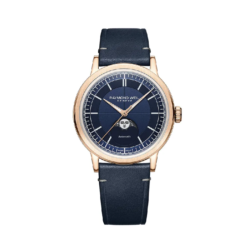 best men's field watches -Millesime Automatic Moonphase Rose Gold PVD 39.5mm - Midnight Blue on Leather Strap