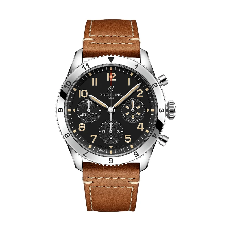 men's chronograph watches with oversized crowns -Classic AVI Chronograph 42mm P-51 Mustang Stainless Steel - Black