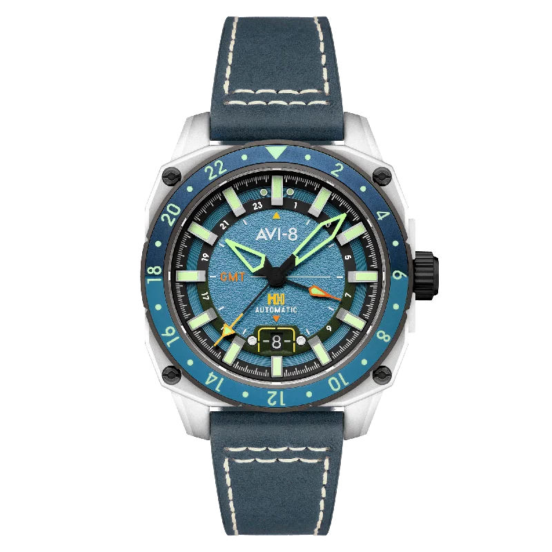 men's pilot watches with phosphorescent design -AVI-8 Hawker Hunter Atlas Gmt Automatic Retro Blue