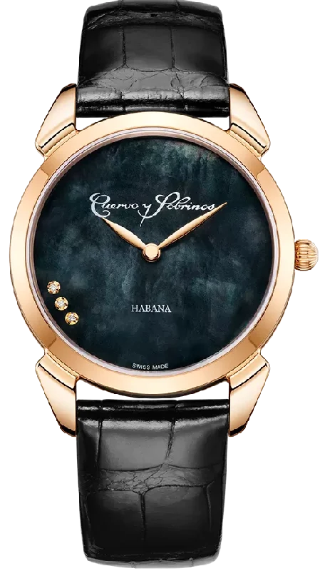 women's mechanical watches with SuperLuminova display function -Cuervo y Sobrinos Watch Historiador Primera Dama Gold PVD Black