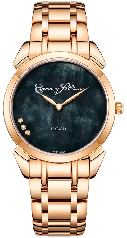 women's mechanical watches with tourbillon display function -Cuervo y Sobrinos Watch Historiador Primera Dama Gold PVD Black Bracelet