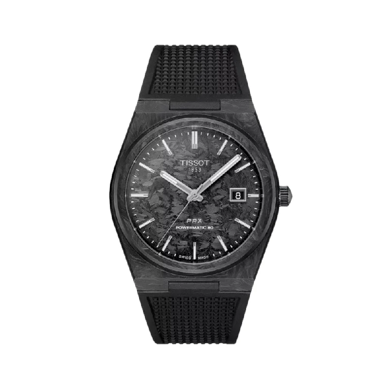 men's GMT watches with personalized engraving style design -PRX Carbon Powermatic 80 40mm - Black on Rubber Strap
