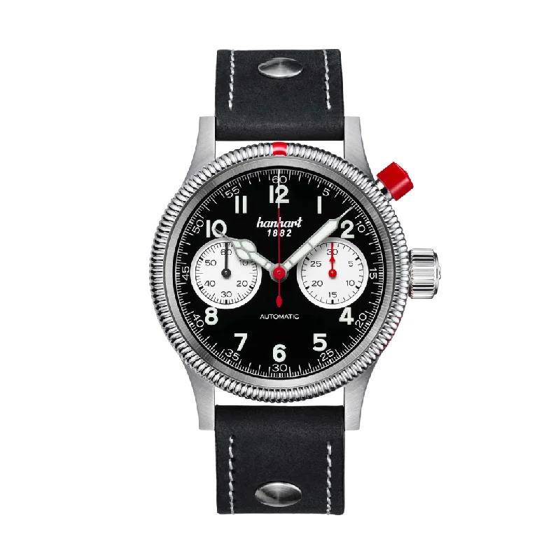 men's mechanical watches with power reserve -HANHART PIONEER MK I REVERSE PANDA 714.211-0010 CALFSKIN LEATHER MEN WATCH