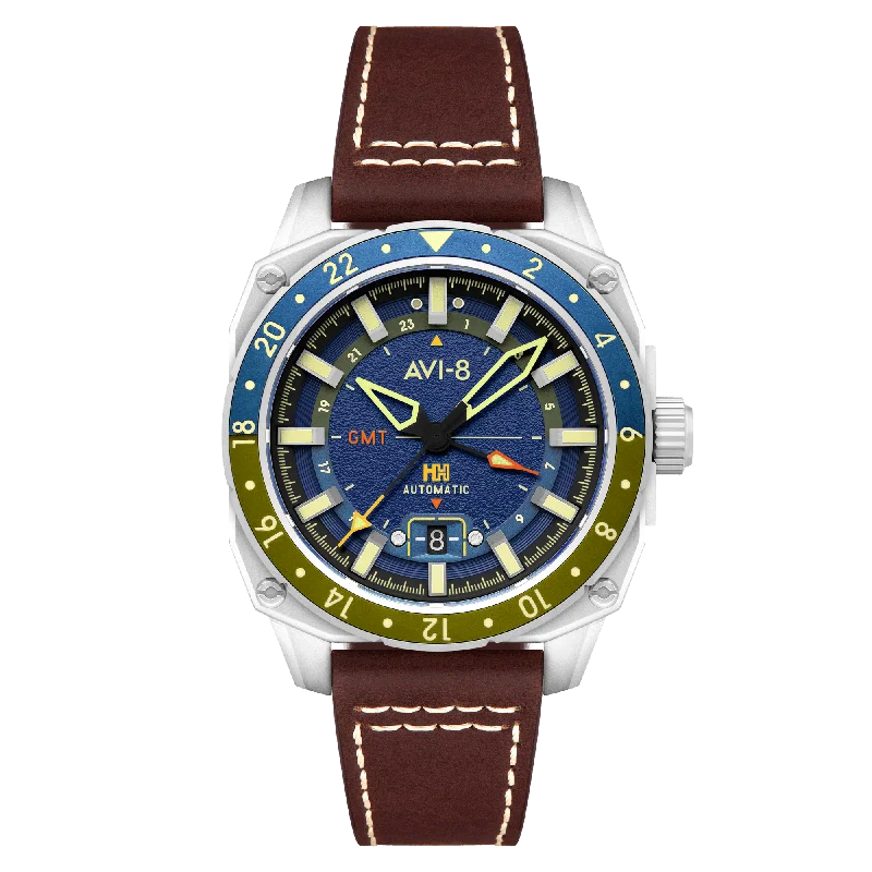 men's pilot watches with Swiss SuperLuminova design -AVI-8 Hawker Hunter Atlas Gmt Automatic Earth Blue