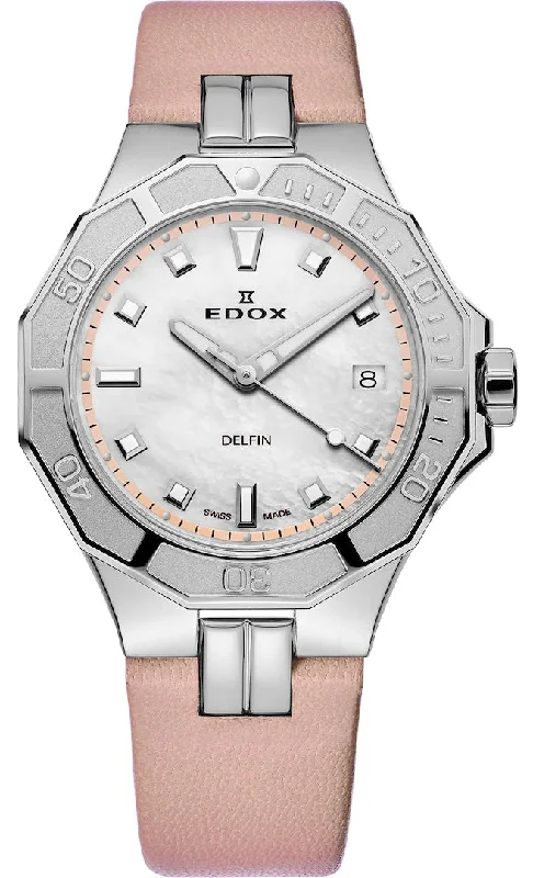 women's mechanical watches with nylon style straps -Edox Watch Delfin Diver Date Lady