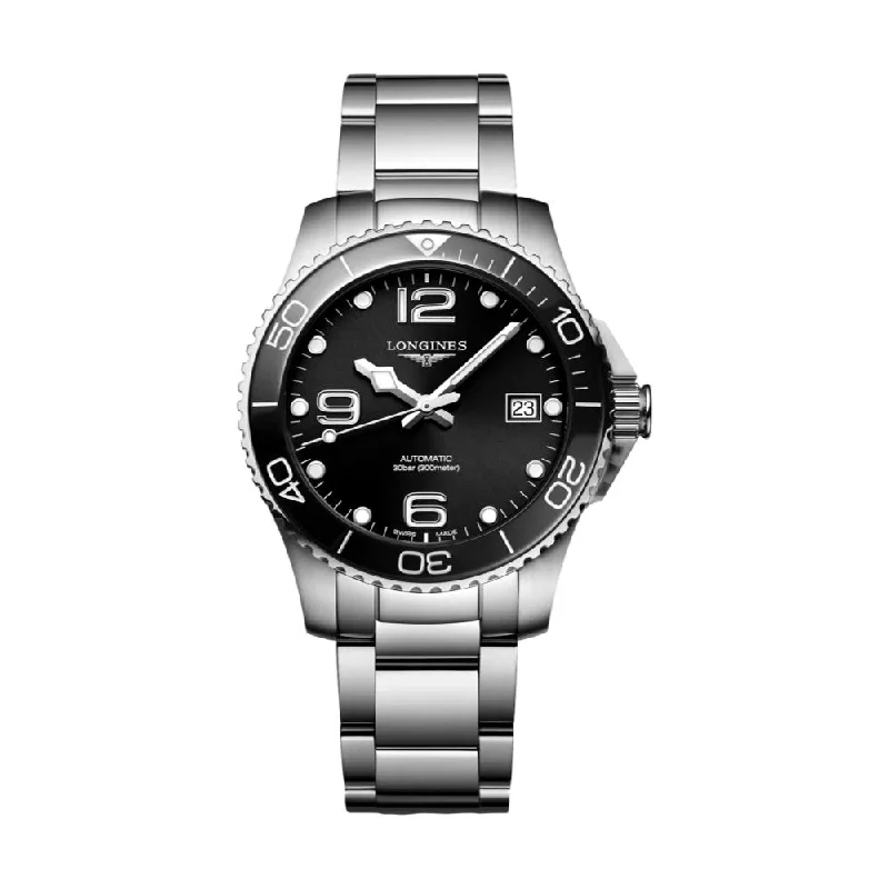 men's digital watches with personalized engraving style design -HydroConquest Black Dial 39mm