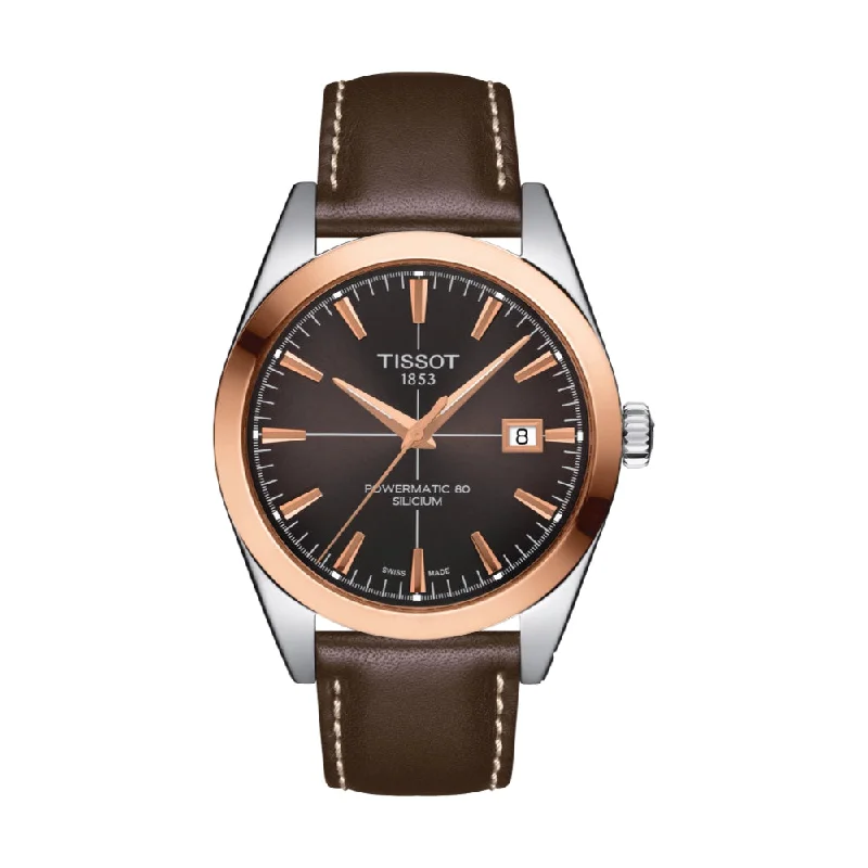 men's digital watches with fabric style straps -Gentleman Powermatic 80 Silicium Solid 18K Gold bezel Brown Dial
