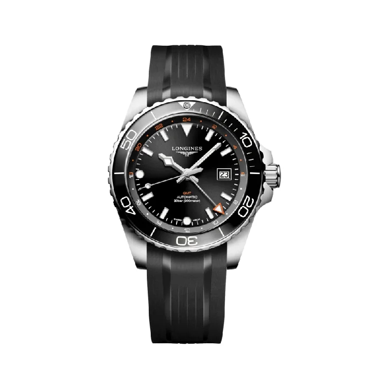 men's chronograph watches with vibration alert display function -HydroConquest GMT Black Dial 43mm on Rubber Strap men's chronograph watches with vibration alert display function -HydroConquest GMT Black Dial 43mm on Rubber Strap