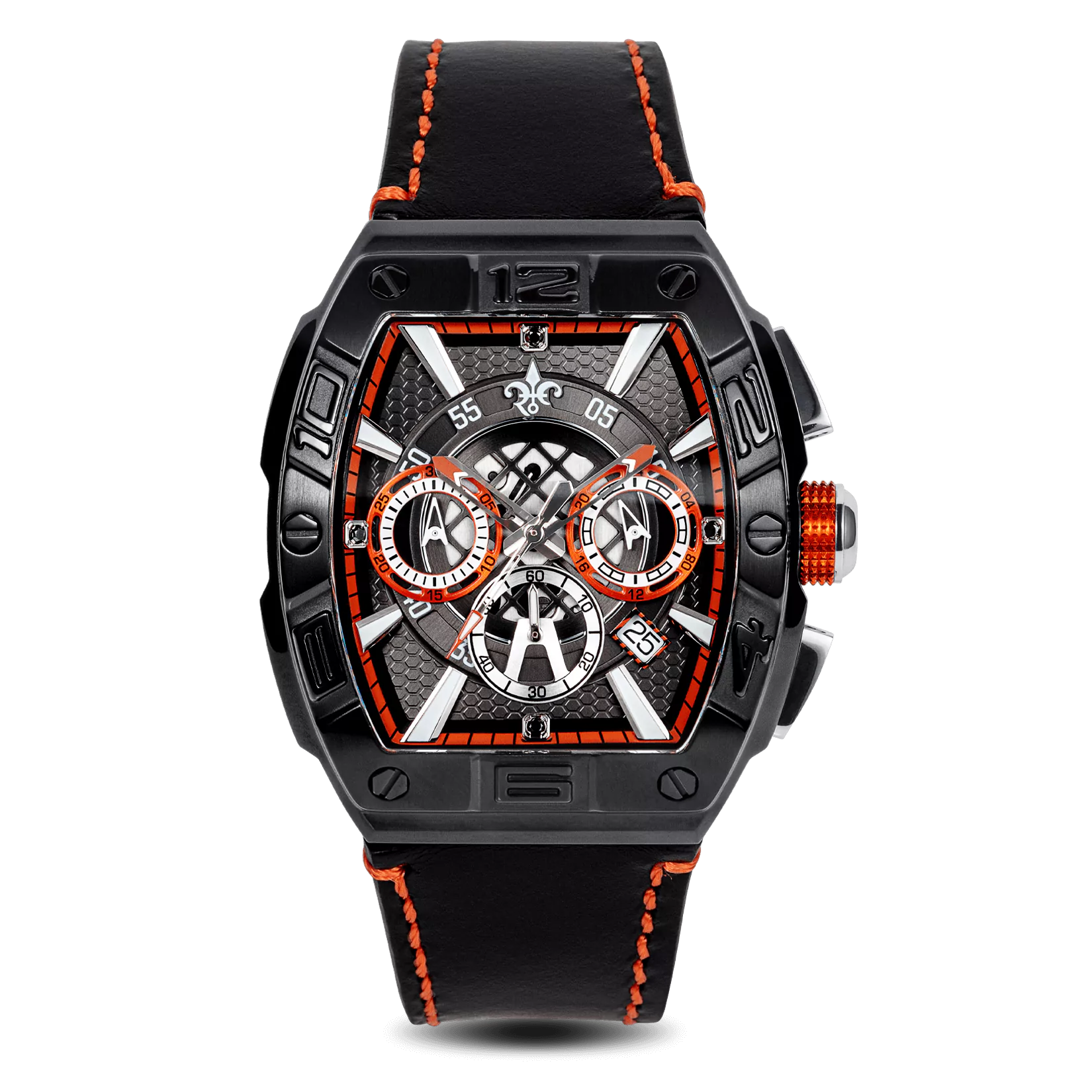 men's chronograph watches with quartz style design -The Intrepid Chronograph - Midnight Diamond | Neon Orange men's chronograph watches with quartz style design -The Intrepid Chronograph - Midnight Diamond | Neon Orange