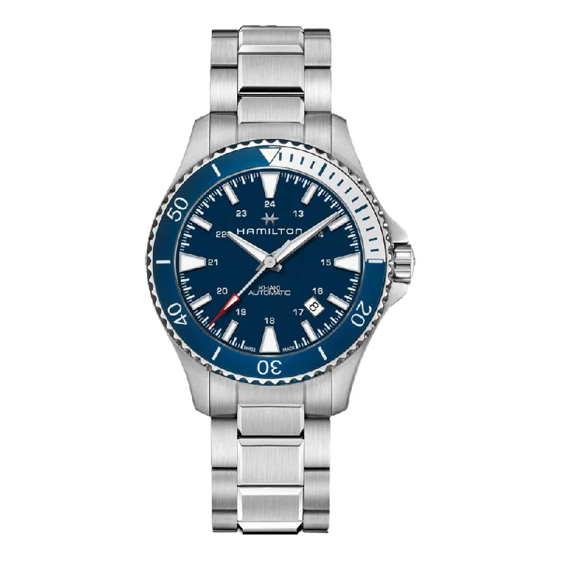 alligator-leather dress watches-Khaki Navy Scuba Auto Blue Dial