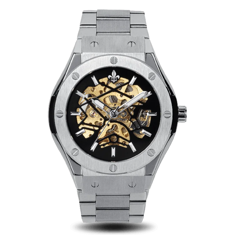 men's mechanical watches with canvas style straps -Prague Skeleton Automatic Deluxe - Silver + Silver Link Strap