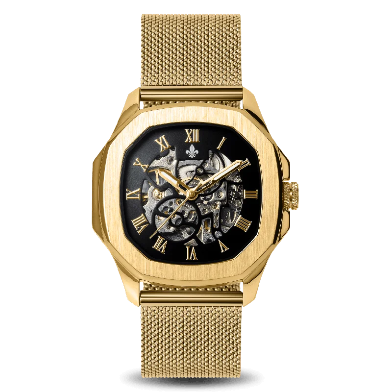 men's mechanical watches with logo engraving design -The Avalon Gold + Gold Mesh Strap men's mechanical watches with logo engraving design -The Avalon Gold + Gold Mesh Strap