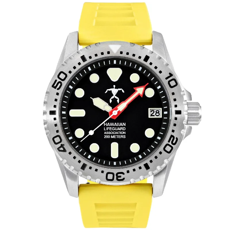 men's skeletonized watches with silver bracelet -Hawaiian Lifeguard Association Yellow Black men's skeletonized watches with silver bracelet -Hawaiian Lifeguard Association Yellow Black