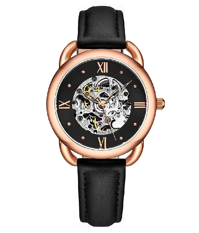 Black Dial / Rose Case / Black Leather Strap Rose Gold Layered Tang Buckle